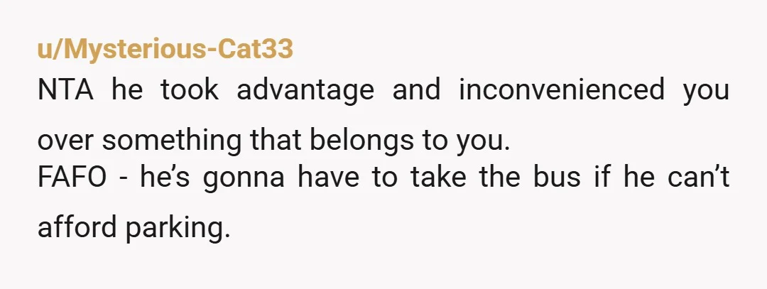 u/Mysterious-Cat33
NTA he took advantage and inconvenienced you over something that belongs to you.
FAFO - he’s gonna have to take the bus if he can’t afford parking.