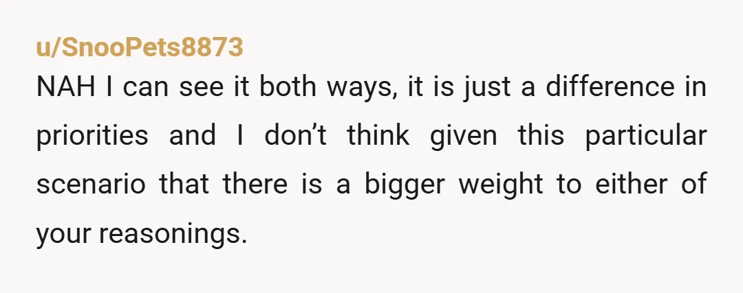 u/SnooPets8873 NAH I can see it both ways, it is just a difference in priorities and I don’t think given this particular scenario that there is a bigger weight to...