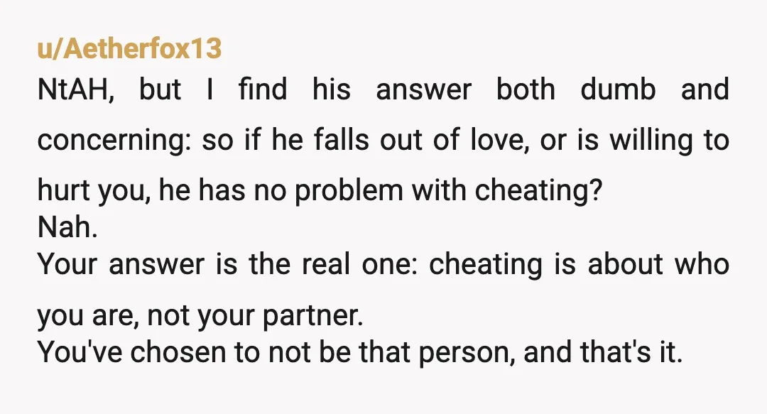 u/Aetherfox13 NtAH, but I find his answer both dumb and concerning: so if he falls out of love, or is willing to hurt you, he has no problem with cheating?...