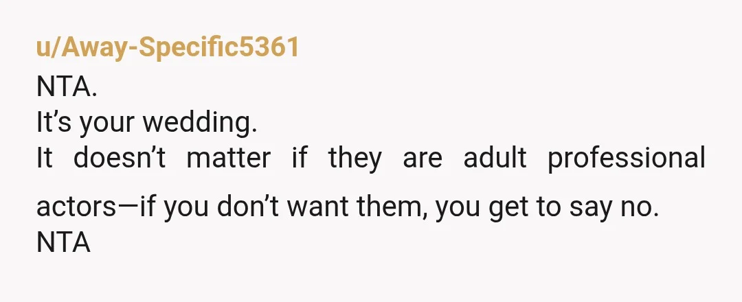u/Substantial-Face-363
NTA.
It's weird that she wants to make your wedding a background for the children in their family.
I would decline that request.