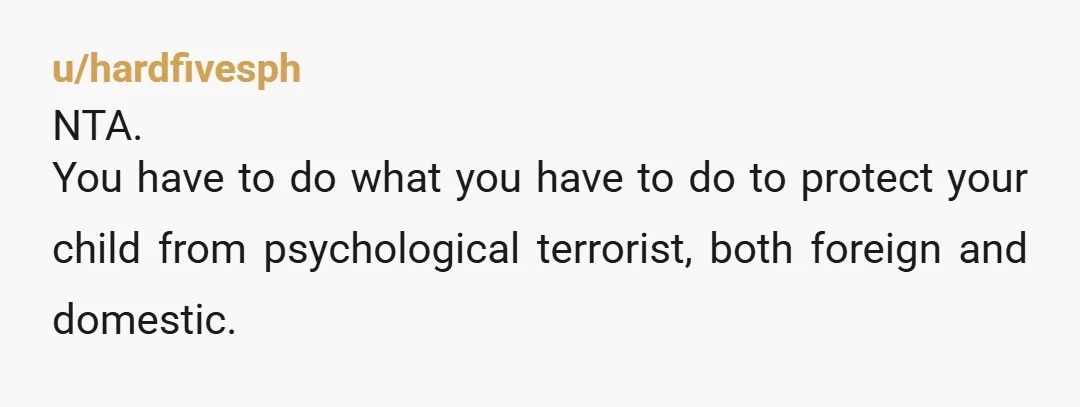 u/hardfivesph
NTA.
You have to do what you have to do to protect your child from psychological terrorist, both foreign and domestic.