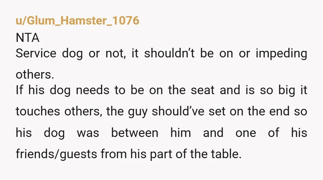u/Leifang666 NTA service dogs are trained to sit or lie on the floor out of the way. At best, this was an emotional support animal, which depending on your country...