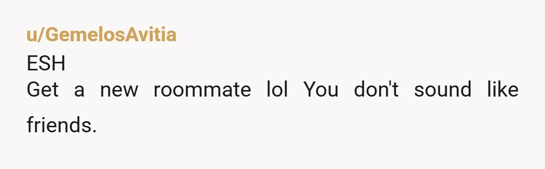 u/GemelosAvitia
ESH
Get a new roommate lol You don't sound like friends.