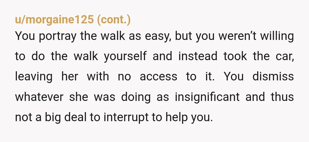 u/blw321 YTA. You failed to prepare for your outing and expected your wife to walk to the park to fix your mistake. When she refused, you decided it wasn’t necessary...