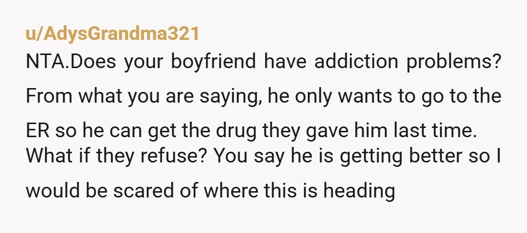 u/AdysGrandma321 NTA.Does your boyfriend have addiction problems? From what you are saying, he only wants to go to the ER so he can get the drug they gave him last...