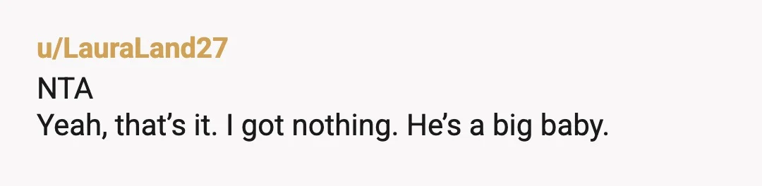 u/LauraLand27
NTA
Yeah, that’s it. I got nothing. He’s a big baby.