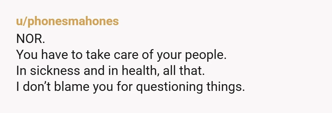 u/phonesmahones
NOR.
You have to take care of your people.
In sickness and in health, all that.
I don’t blame you for questioning things.