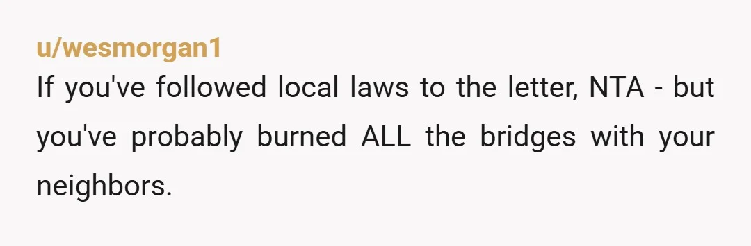 u/wesmorgan1
If you've followed local laws to the letter, NTA - but you've probably burned ALL the bridges with your neighbors.