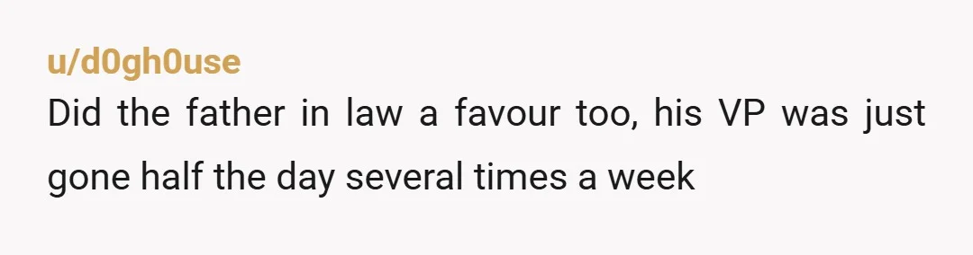 u/d0gh0use
Did the father in law a favour too, his VP was just gone half the day several times a week