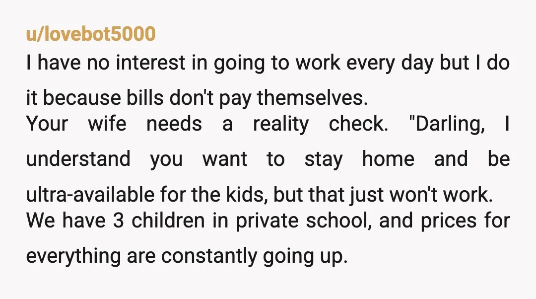 u/lovebot5000 I have no interest in going to work every day but I do it because bills don't pay themselves. Your wife needs a reality check. "Darling, I understand you...