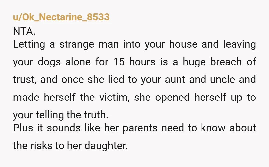 u/Ok_Nectarine_8533 NTA. Letting a strange man into your house and leaving your dogs alone for 15 hours is a huge breach of trust, and once she lied to your aunt...