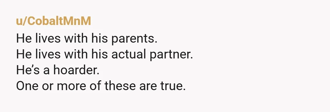 u/CobaltMnM He lives with his parents. He lives with his actual partner. He’s a hoarder. One or more of these are true.