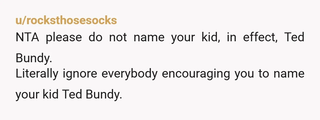 u/rocksthosesocks
NTA please do not name your kid, in effect, Ted Bundy.
Literally ignore everybody encouraging you to name your kid Ted Bundy.