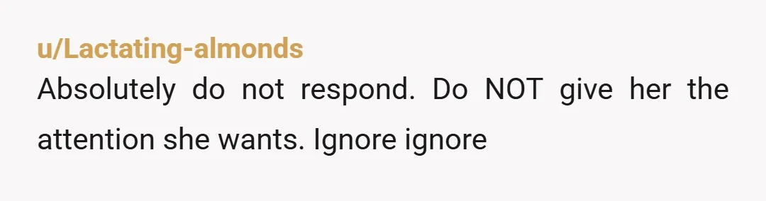 u/Lactating-almonds
Absolutely do not respond. Do NOT give her the attention she wants. Ignore ignore