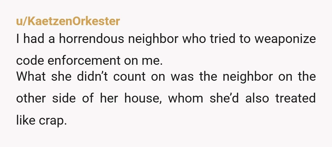 u/KaetzenOrkester I had a horrendous neighbor who tried to weaponize code enforcement on me. What she didn’t count on was the neighbor on the other side of her house, whom...