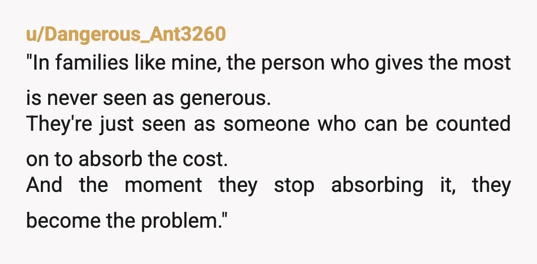 u/Dangerous_Ant3260 "In families like mine, the person who gives the most is never seen as generous. They're just seen as someone who can be counted on to absorb the cost....