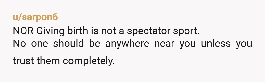 u/Inevitable-Pizza-369 NOR at all!’ Delivering a baby is a super private experience only shared with 1 or 2 people you absolutely love and trust. This woman doesn’t belong there and...