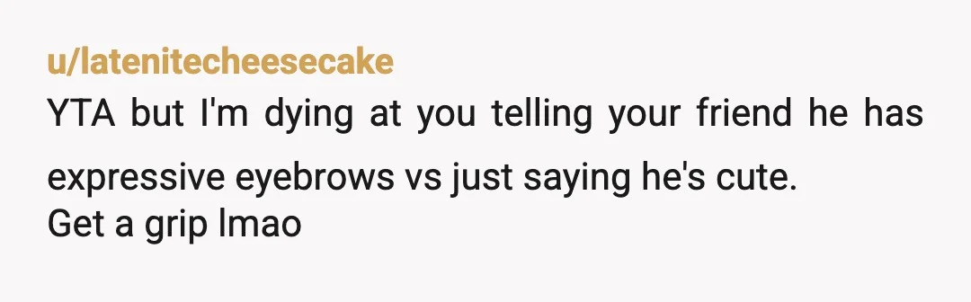 u/latenitecheesecake
YTA but I'm dying at you telling your friend he has expressive eyebrows vs just saying he's cute.
Get a grip lmao