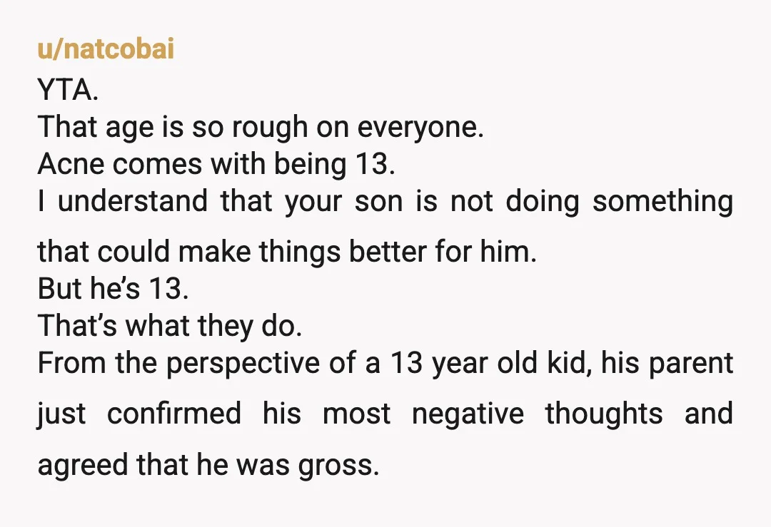 u/Sufficient_Ad_6051 NTA. Your husband isn’t doing your son any favors. It’s a simple fix until his hormones level out. Maybe you could have been a little more tactful, but the...