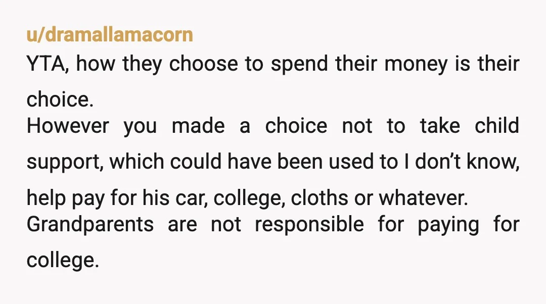 u/ChickenScratchCoffee YTA. You’re the one that made it clear she didn’t have to pay child support. You should have kept it and put it in an account for your son...