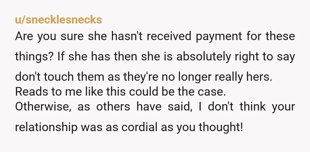 u/snecklesnecks Are you sure she hasn't received payment for these things? If she has then she is absolutely right to say don't touch them as they're no longer really hers....