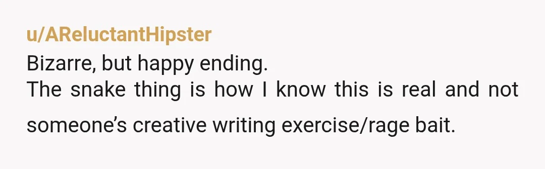 u/AReluctantHipster
Bizarre, but happy ending.
The snake thing is how I know this is real and not someone’s creative writing exercise/rage bait.