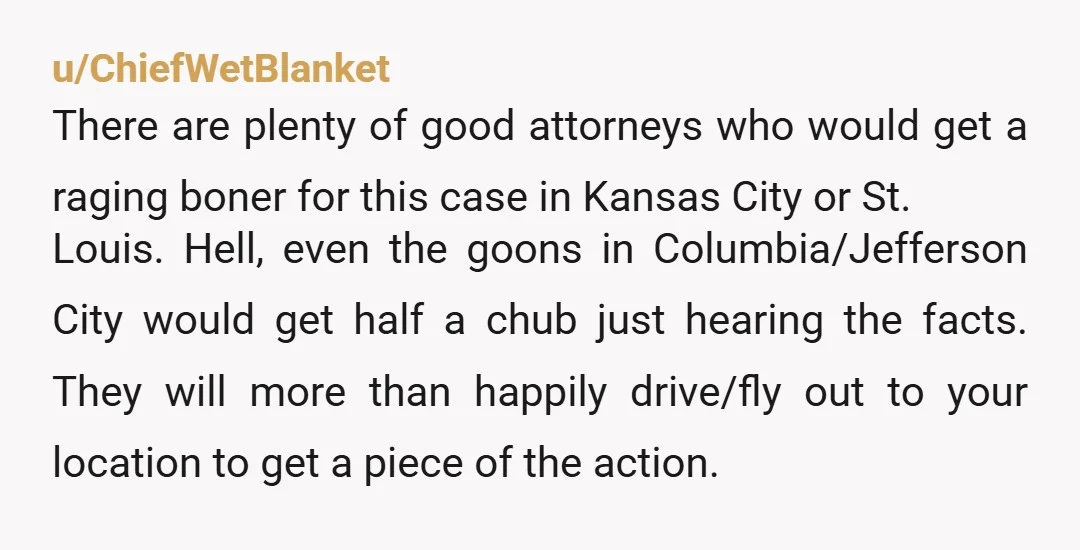 u/ChiefWetBlanket There are plenty of good attorneys who would get a raging boner for this case in Kansas City or St. Louis. Hell, even the goons in Columbia/Jefferson City would...