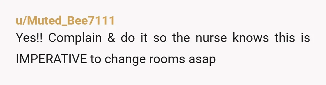 u/Muted_Bee7111
Yes!!  Complain & do it so the nurse knows this is IMPERATIVE to change rooms asap