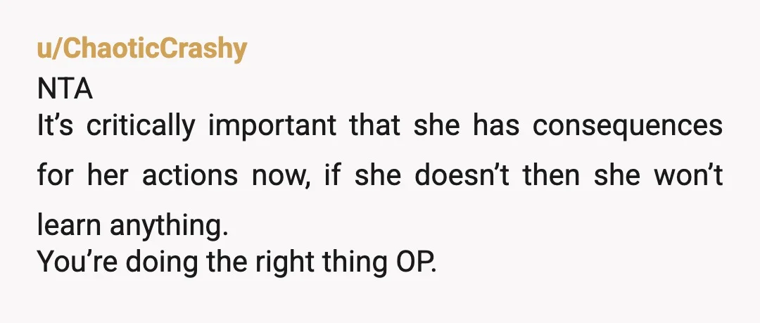 u/ChaoticCrashy
NTA
It’s critically important that she has consequences for her actions now, if she doesn’t then she won’t learn anything.
You’re doing the right thing OP.