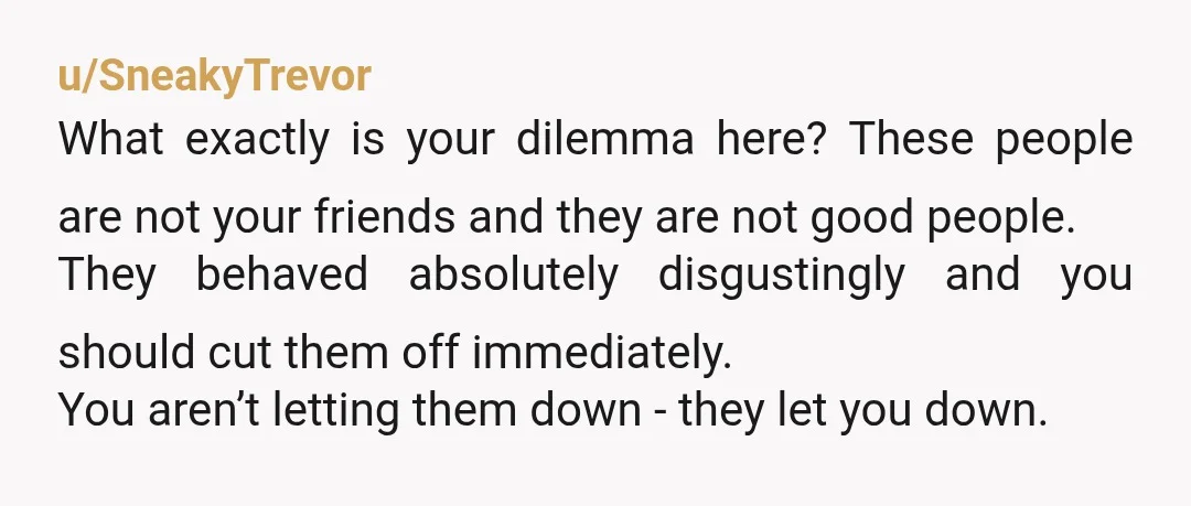 u/SneakyTrevor What exactly is your dilemma here? These people are not your friends and they are not good people. They behaved absolutely disgustingly and you should cut them off immediately....