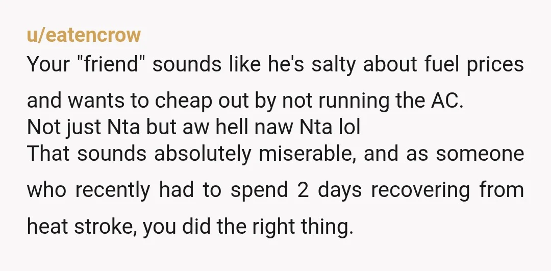 u/LuvCilantro NTA. Tell him if he had agreed to run the AC when you were still in the truck (ie respected your wishes) the day would not have been ruined....