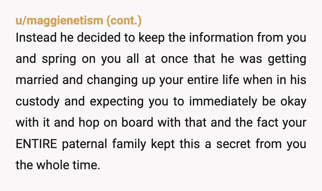 u/pandatree_157 NTA. Your dad handled this HORRIBLY and you had every right to feel as upset and betrayed as you did. Him not wanting your mom to find out isn’t...