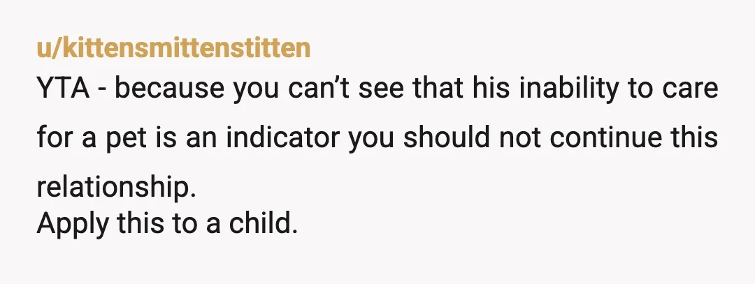 u/kittensmittenstitten
YTA - because you can’t see that his inability to care for a pet is an indicator you should not continue this relationship.
Apply this to a child.