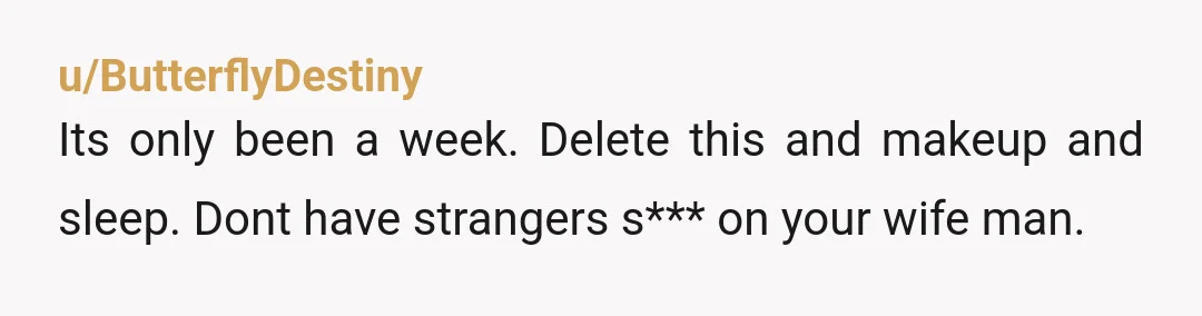 u/ButterflyDestiny
Its only been a week. Delete this and makeup and sleep. Dont have strangers s*** on your wife man.