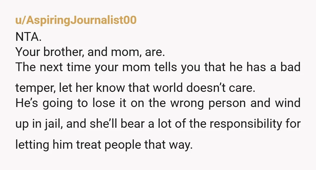 u/Chance-Context-93 NTA, and your mother wasn't upset about him attacking you to the point that she ever stopped him or made him face consequences, apparently. So, honestly, both your brother...