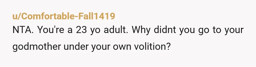u/Comfortable-Fall1419 NTA. You're a 23 yo adult. Why didnt you go to your godmother under your own volition?