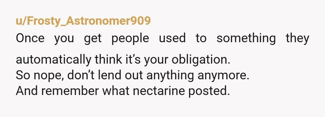 u/Frosty_Astronomer909
Once you get people used to something they automatically think it’s your obligation.
So nope, don’t lend out anything anymore.
And remember what nectarine posted.