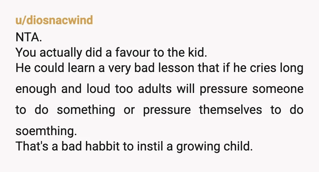 u/diosnacwind NTA. You actually did a favour to the kid. He could learn a very bad lesson that if he cries long enough and loud too adults will pressure someone...