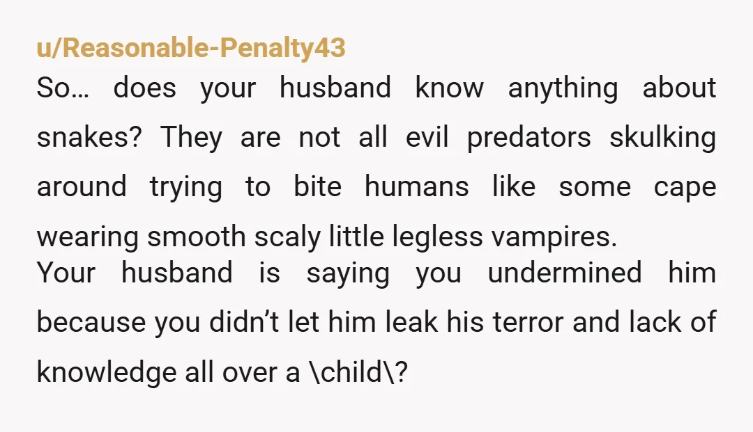 u/Reasonable-Penalty43 So… does your husband know anything about snakes? They are not all evil predators skulking around trying to bite humans like some cape wearing smooth scaly little legless vampires....