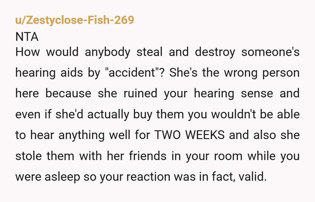 u/Zestyclose-Fish-269 NTA How would anybody steal and destroy someone's hearing aids by "accident"? She's the wrong person here because she ruined your hearing sense and even if she'd actually buy...