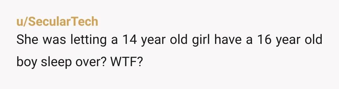 u/SecularTech She was letting a 14 year old girl have a 16 year old boy sleep over? WTF?