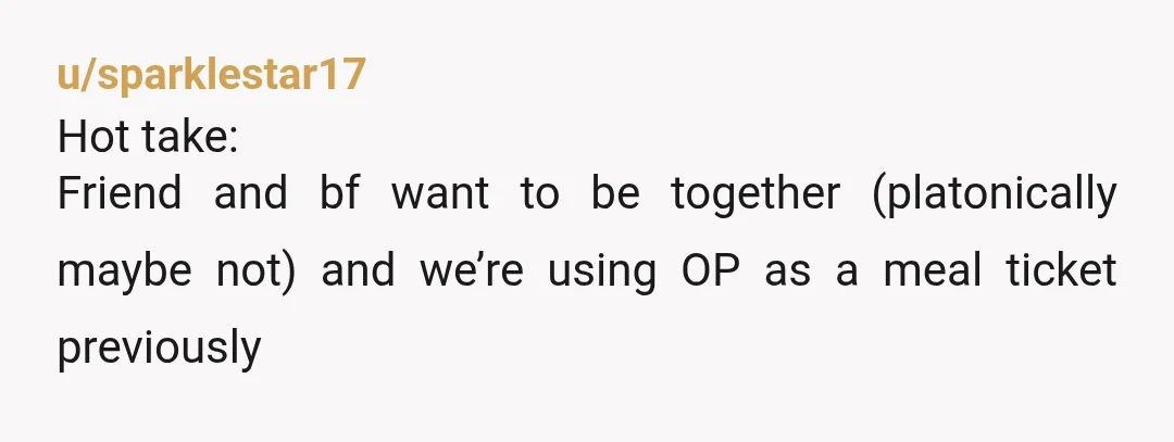 u/sparklestar17
Hot take:
Friend and bf want to be together (platonically maybe not) and we’re using OP as a meal ticket previously