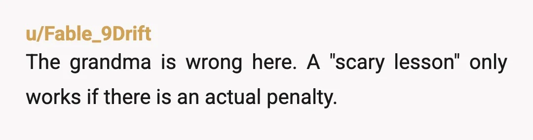 u/Fable_9Drift
The grandma is wrong here. A "scary lesson" only works if there is an actual penalty.