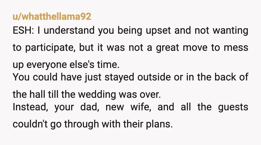 u/EmpressJainaSolo INFO is definitely needed. Were you more upset that he was getting married or that you didn’t know? Has your mother done things in the past that would have...