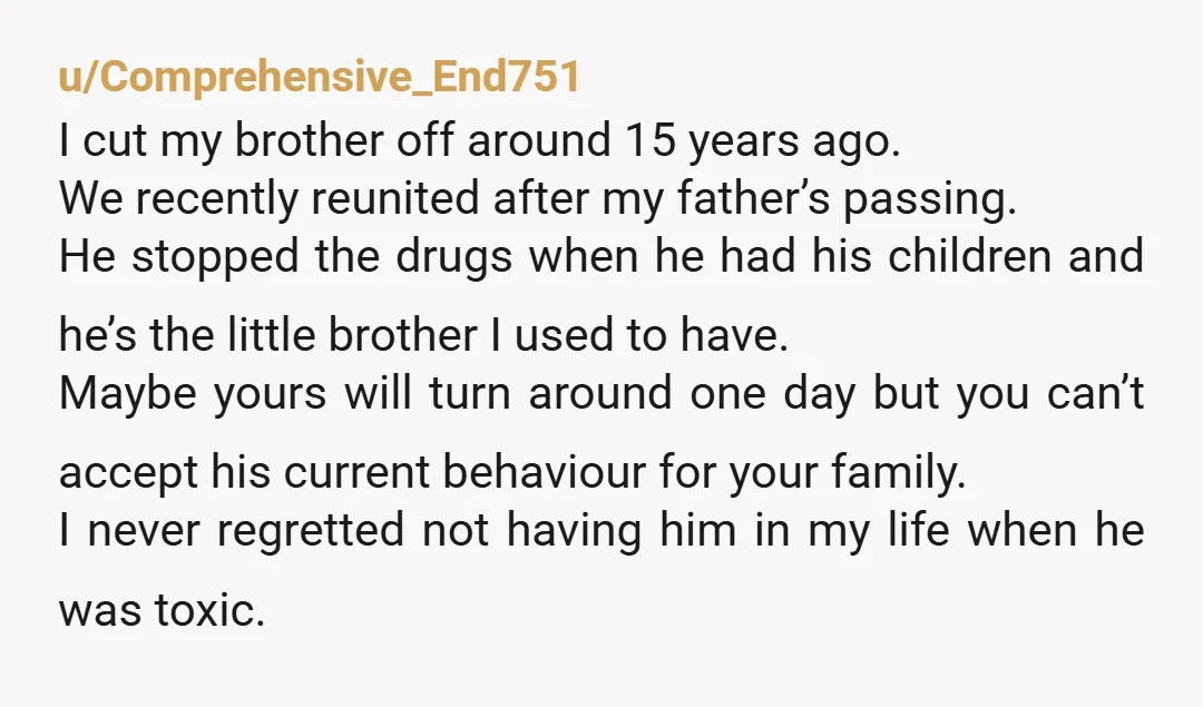 u/Comprehensive_End751 I cut my brother off around 15 years ago. We recently reunited after my father’s passing. He stopped the drugs when he had his children and he’s the little...