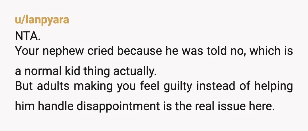 u/lanpyara NTA. Your nephew cried because he was told no, which is a normal kid thing actually. But adults making you feel guilty instead of helping him handle disappointment is...