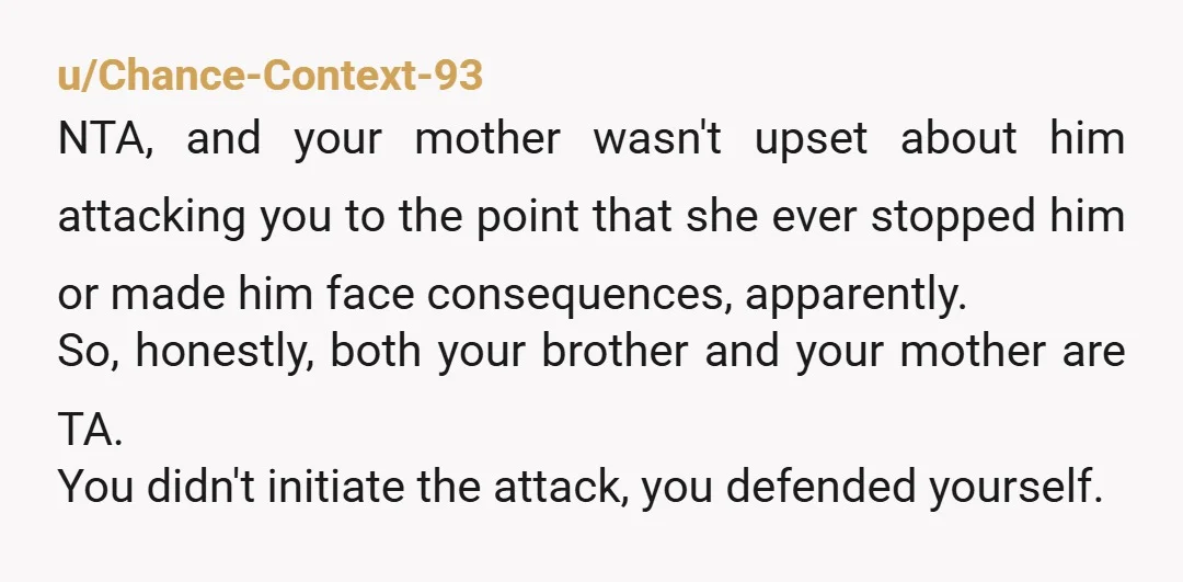 u/Dal-Ron NTA. Your mother is a problem here. She's enabling his horrible behaviour and blaming you, the victim. She's letting him abuse you. Always defend yourself and ignore your mother....