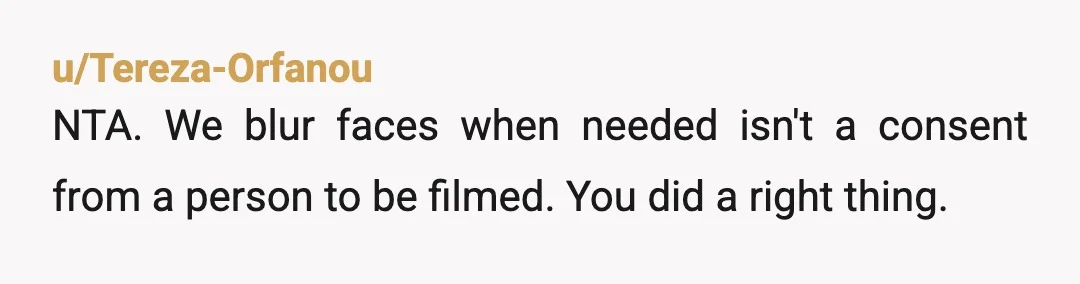 u/Tereza-Orfanou
NTA. We blur faces when needed isn't a consent from a person to be filmed. You did a right thing.