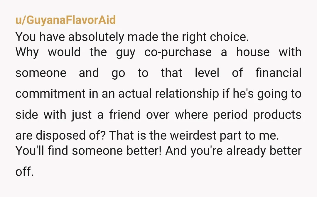 u/GuyanaFlavorAid You have absolutely made the right choice. Why would the guy co-purchase a house with someone and go to that level of financial commitment in an actual relationship if...