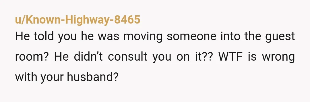 u/Known-Highway-8465
He told you he was moving someone into the guest room? He didn’t consult you on it?? WTF is wrong with your husband?